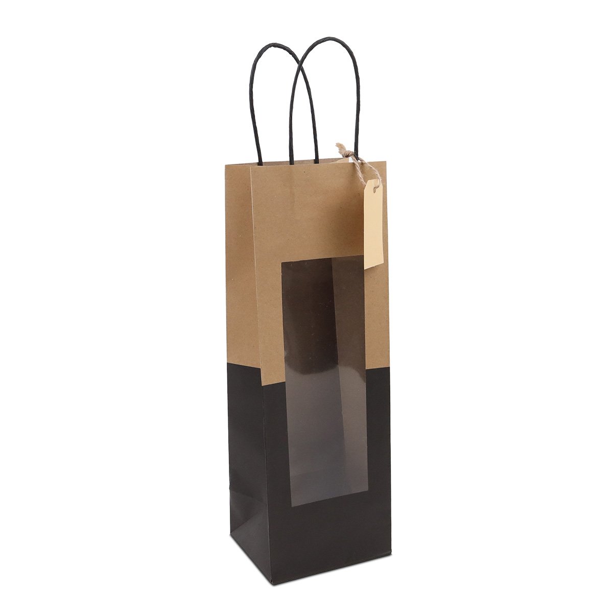 Papieren tassen met gedraaid handvat  - cadeautasjes met venster en hangtag