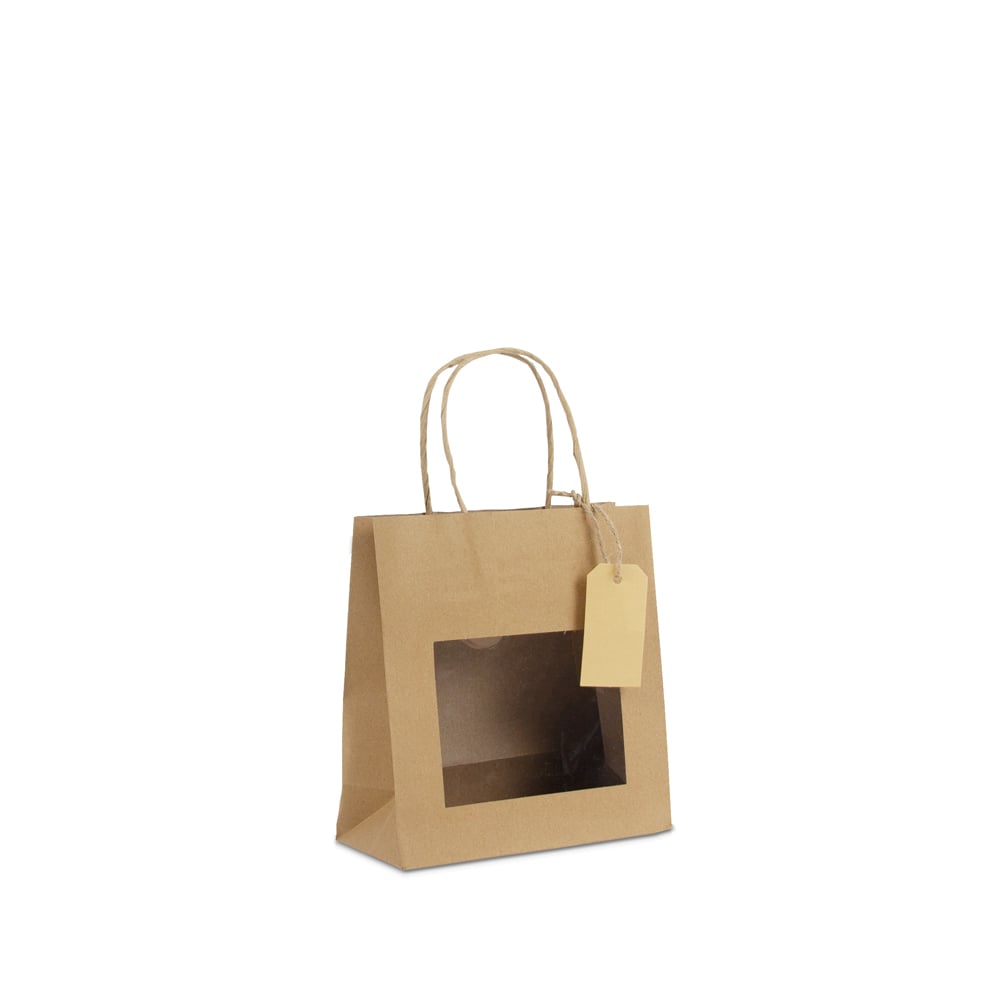 Papieren tassen met gedraaid handvat  - cadeautasjes met venster en hangtag
